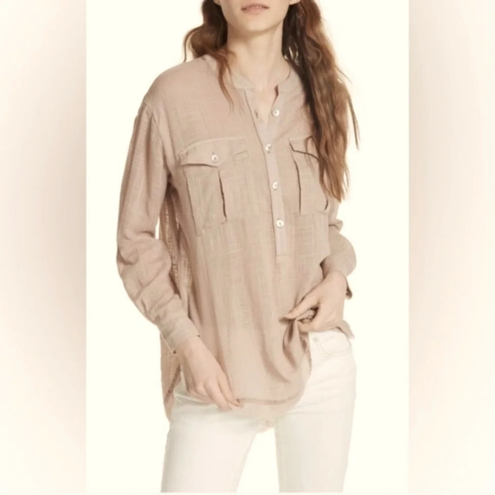 Free People Talk To Me Tan Natural Flax Button Down Long Sleeve Shirt Raw Hem M